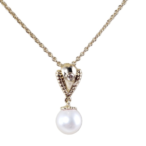 Vintage 14 Karat Yellow Gold Pearl and Diamond Pendant Necklace #13559 - Picture 1 of 7